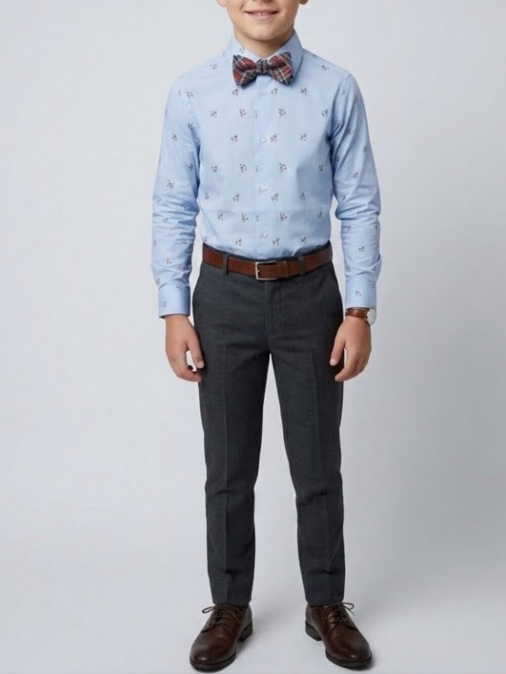 TFW Boys' Santa Printed Long Sleeve Dress Shirt Ans Bow Tie Set